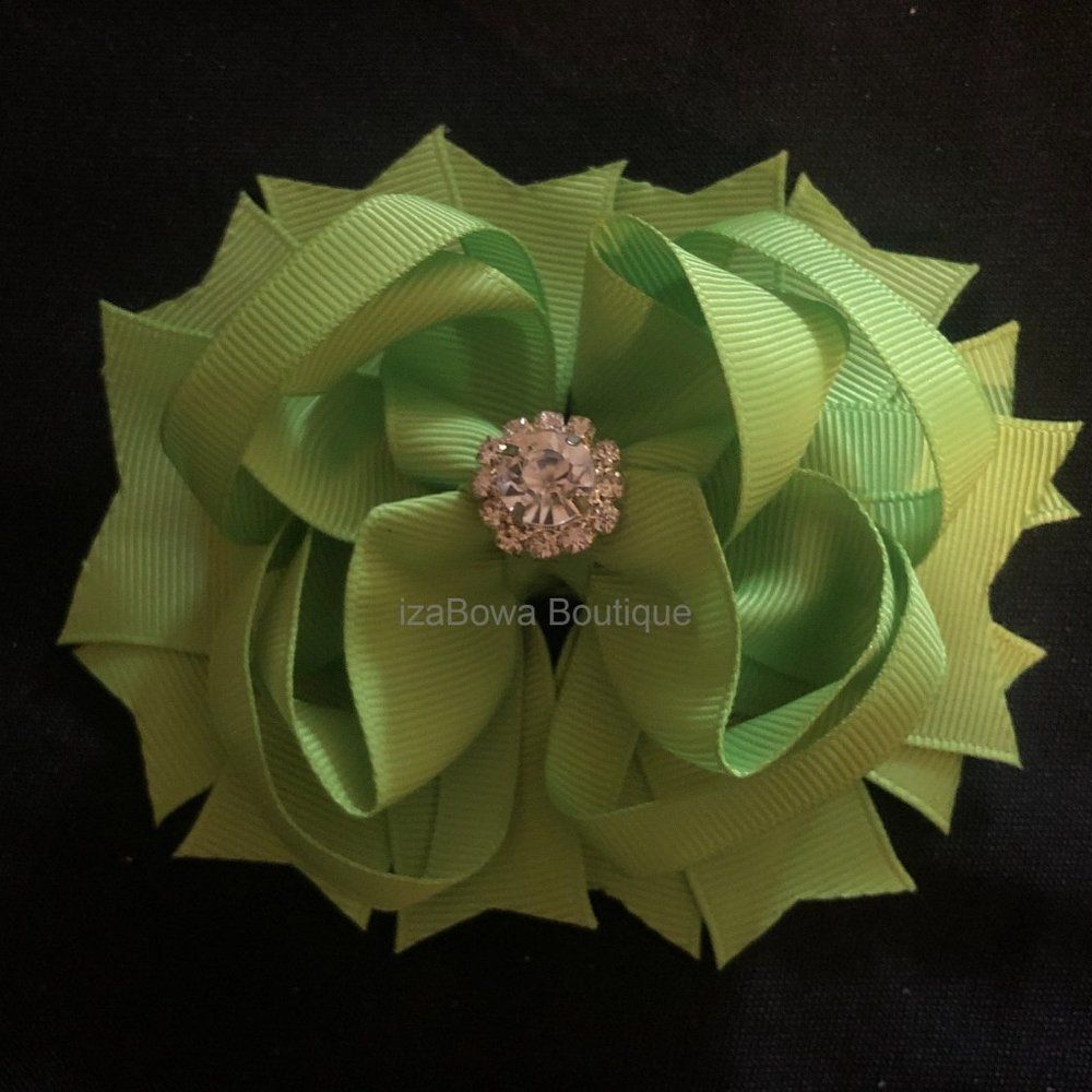❤️HOST PICK❤️ Apple Green Deluxe Bow w Rhinestone Center (2) 5B2080 Handmade Bo - Picture 2 of 4